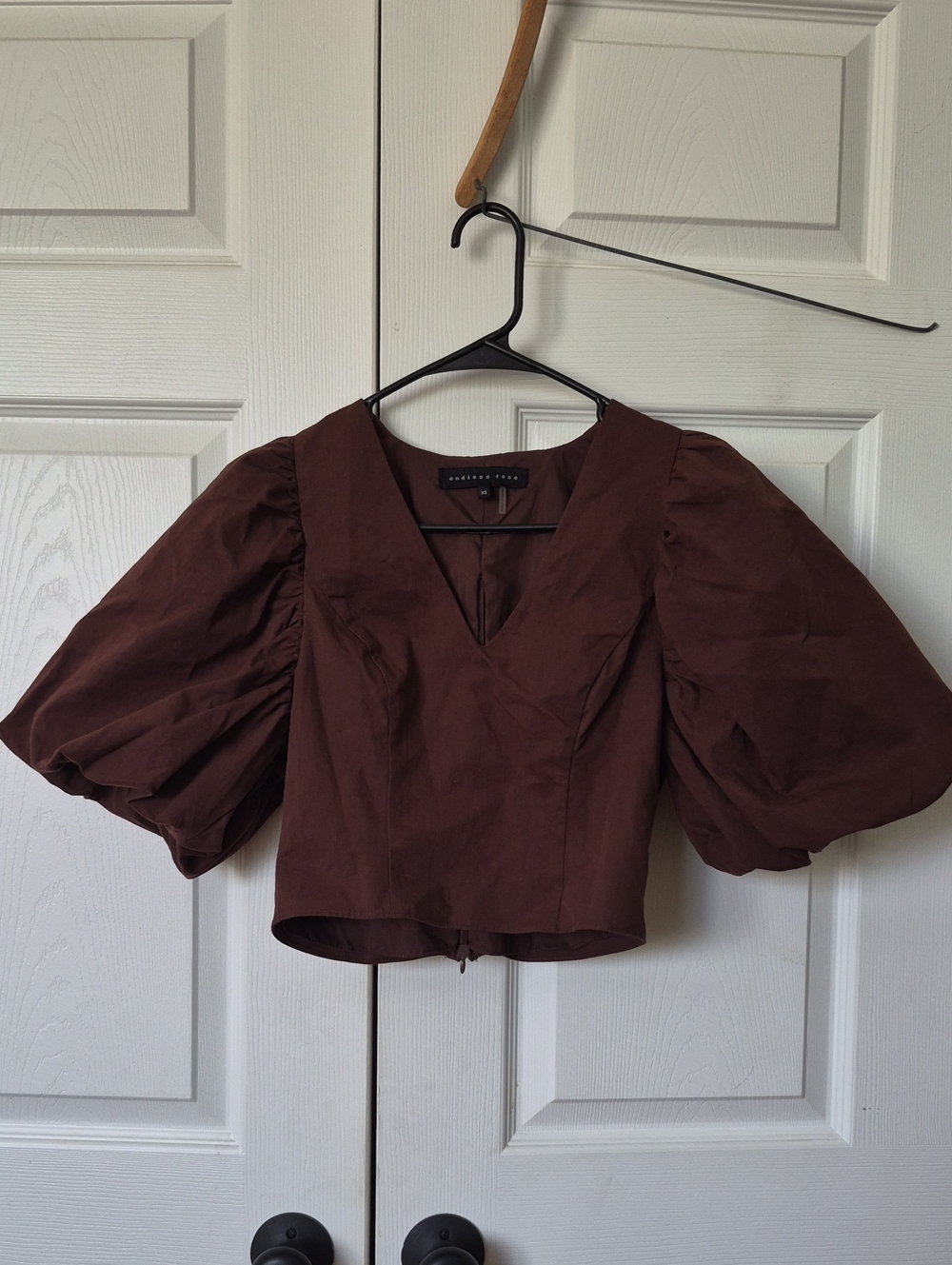 Endless Rose Chocolate Brown Puff-Sleeve V-Neck Crop Blouse